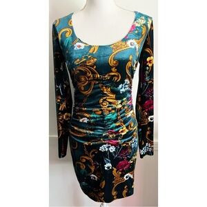 Guess • Teal Floral Velvet Ruched Bodycon Dress